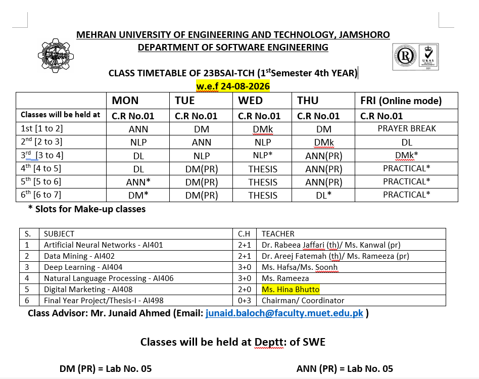 23BSAI Time Table Unavailable