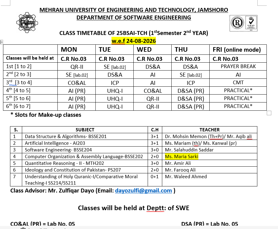 25BSAI Time Table Unavailable