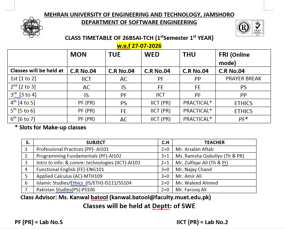 26BSAI Time Table Unavailable